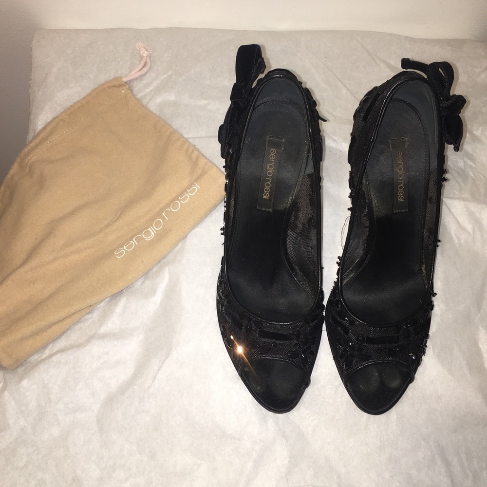SERGIO ROSSI BLACK PEEP-TOE SHOES SIZE 37 - Picture 2 of 8